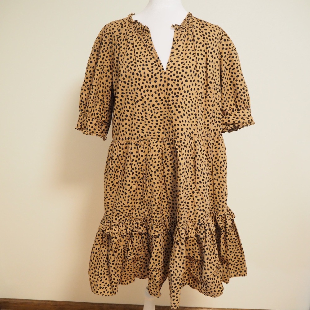 J.Crew Tiered Ruffle Neck Popover Mini Dress Medium‎ Leopard Polka Dot Cotton - Picture 2 of 13